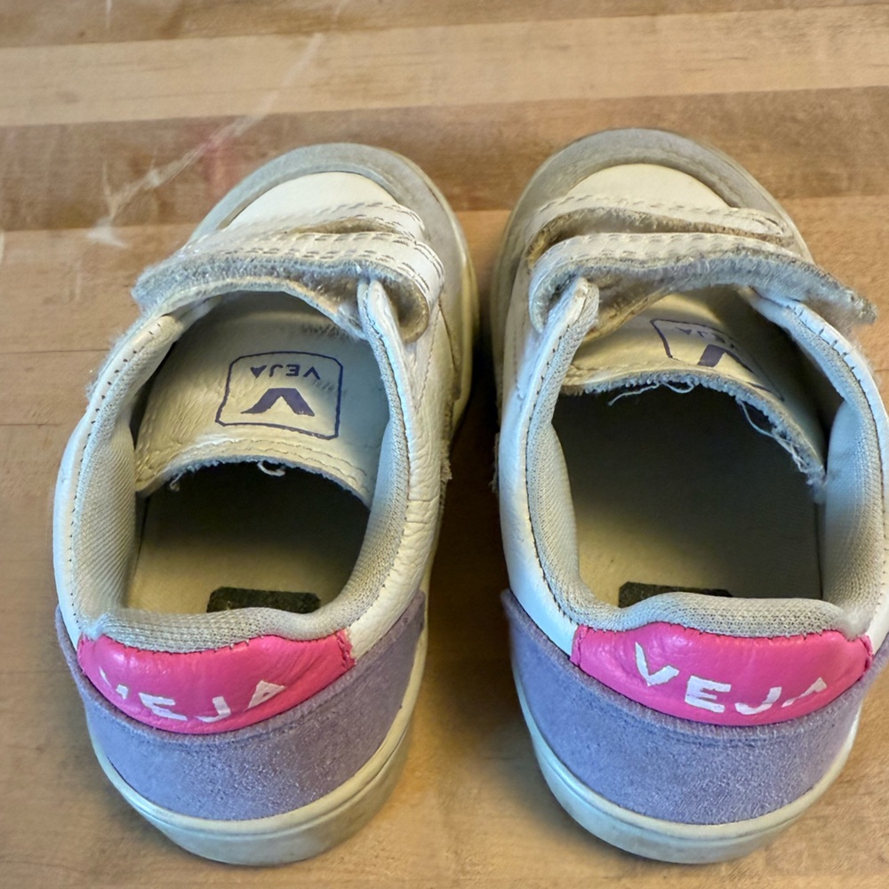 Veja Kids Sneakers - White with Pink, Purple, and Metallic Silver Accents
